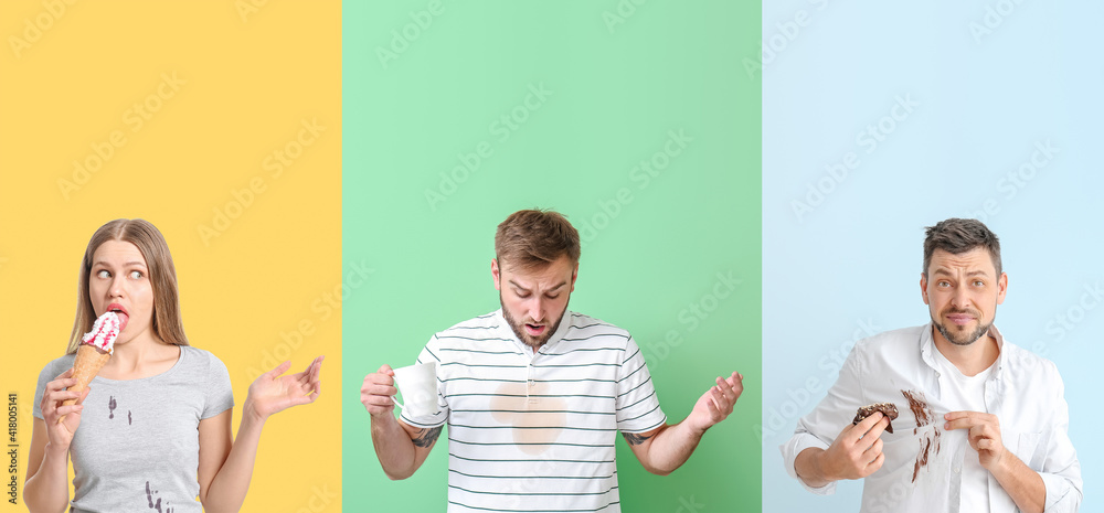 Stressed people with stains on their clothes against color background