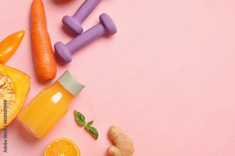 Healthy products, dumbbells and bottle of juice on color background