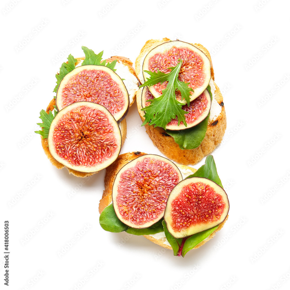 Fresh tasty bruschettas on white background