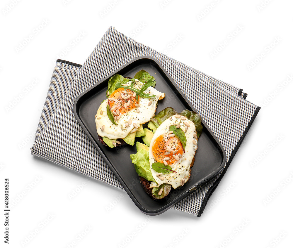 Food tray with fresh tasty bruschettas on white background