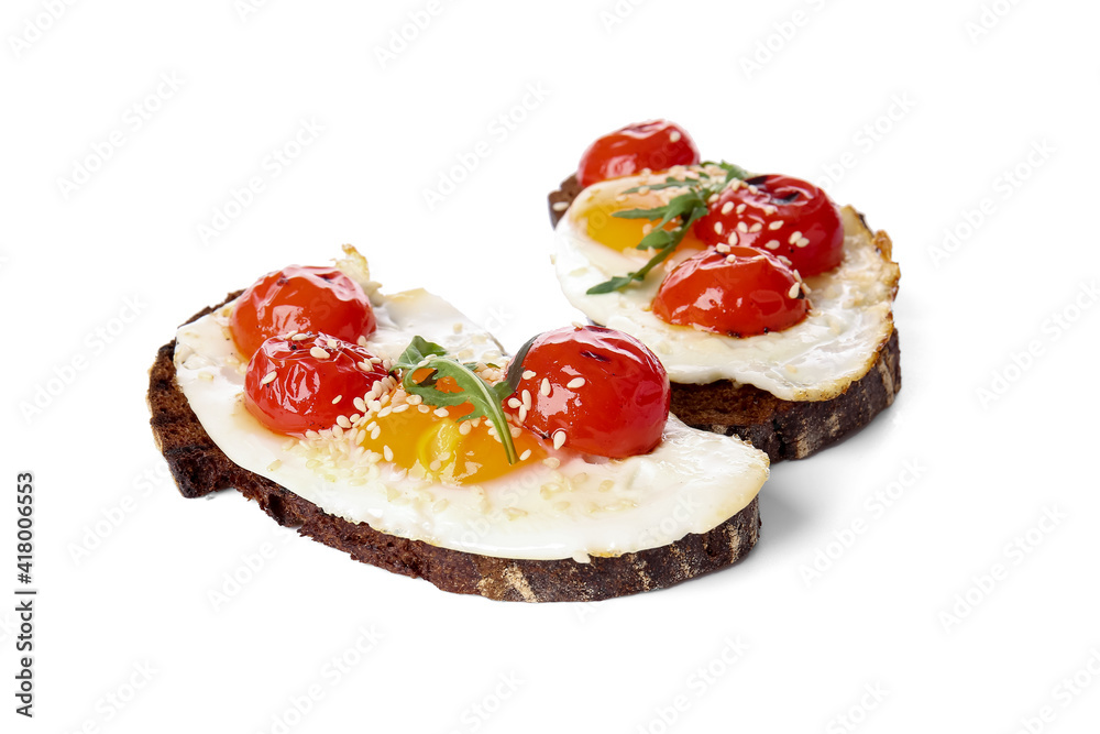 Fresh tasty bruschettas on white background