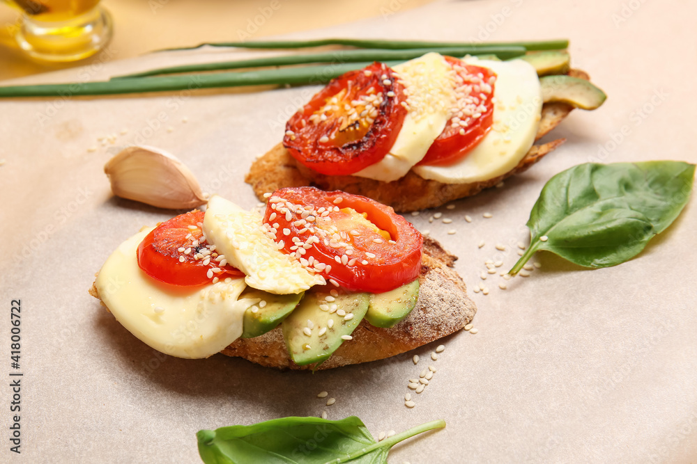 Board with fresh tasty bruschettas, closeup