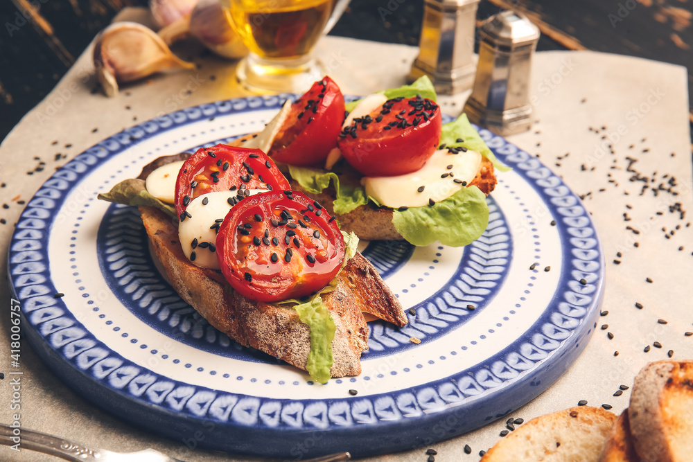 Plate with fresh tasty bruschettas, closeup