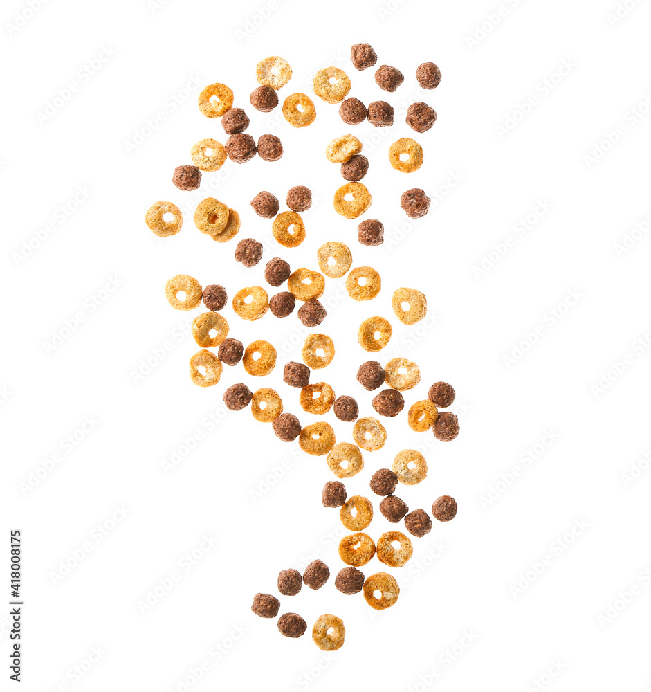 Tasty cereal rings on white background