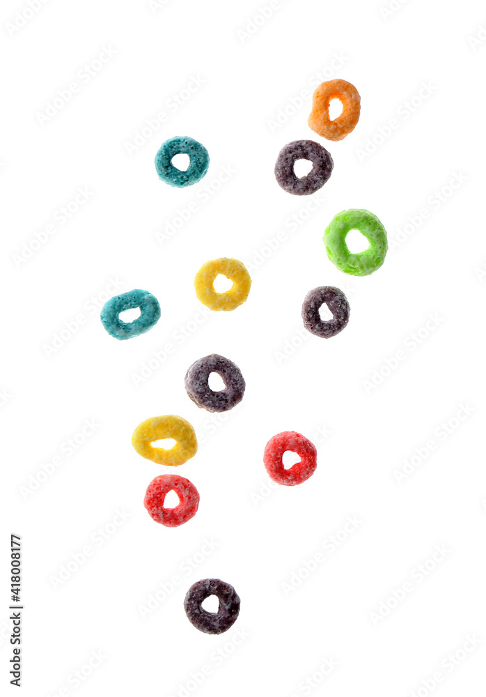 Tasty cereal rings on white background