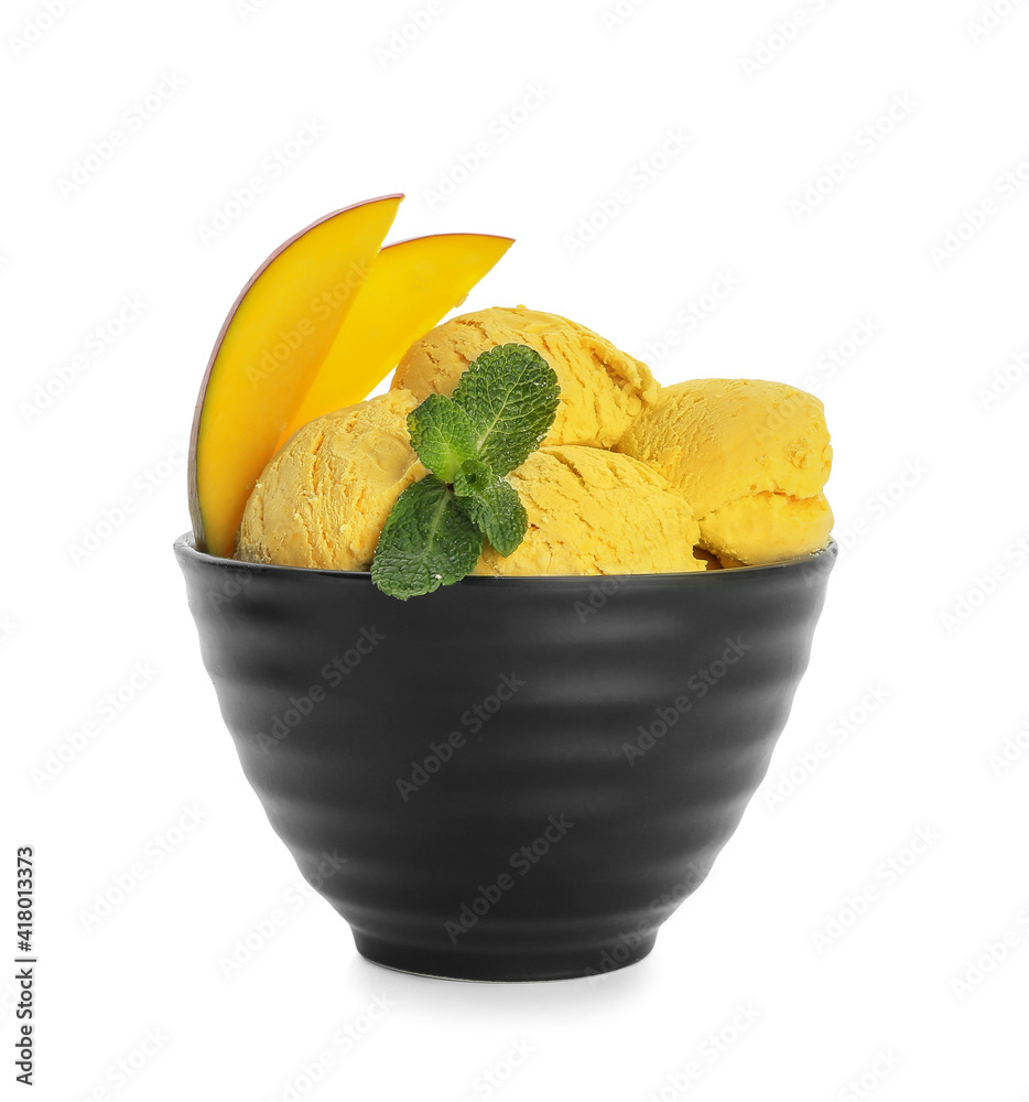 Bowl of tasty mango ice-cream on white background