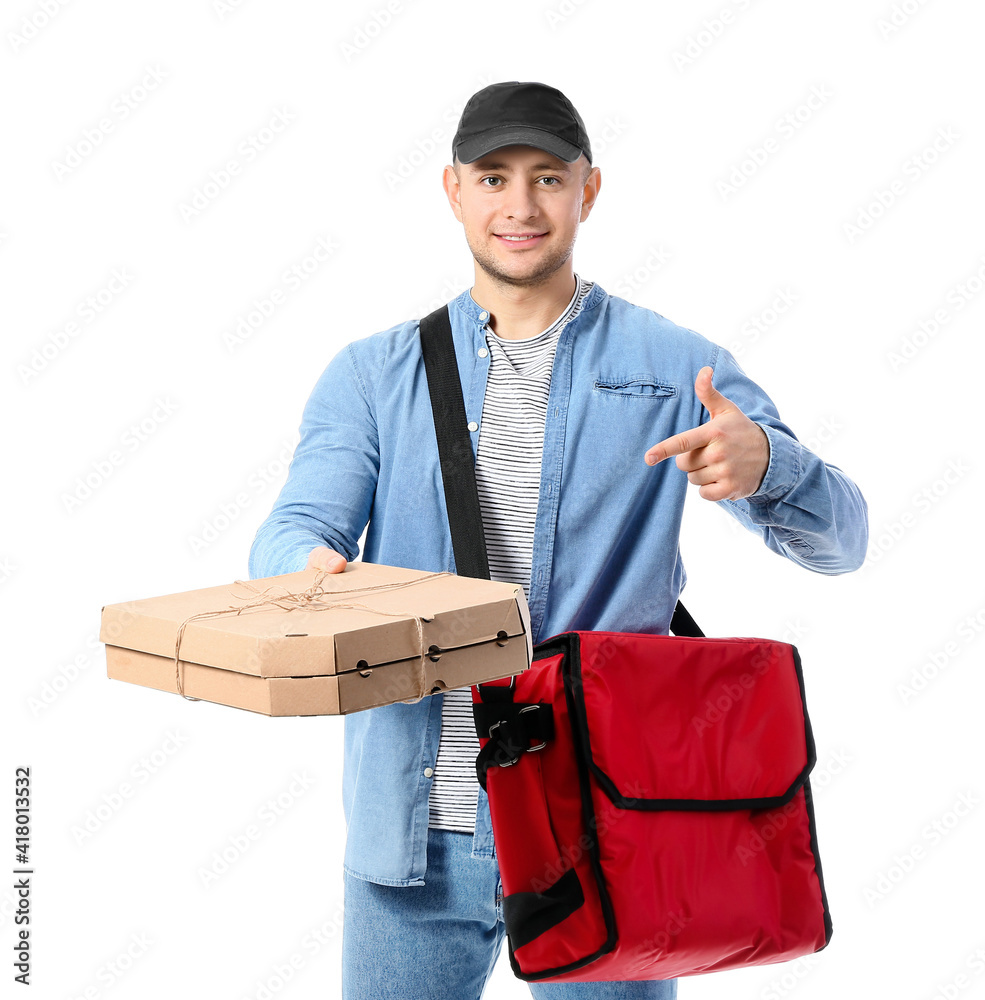 Courier of food delivery service on white background