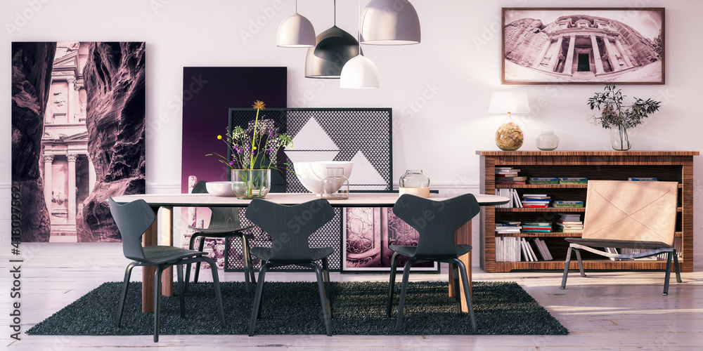 Living Room with Modern Table Set  - panoramic 3D Visualization