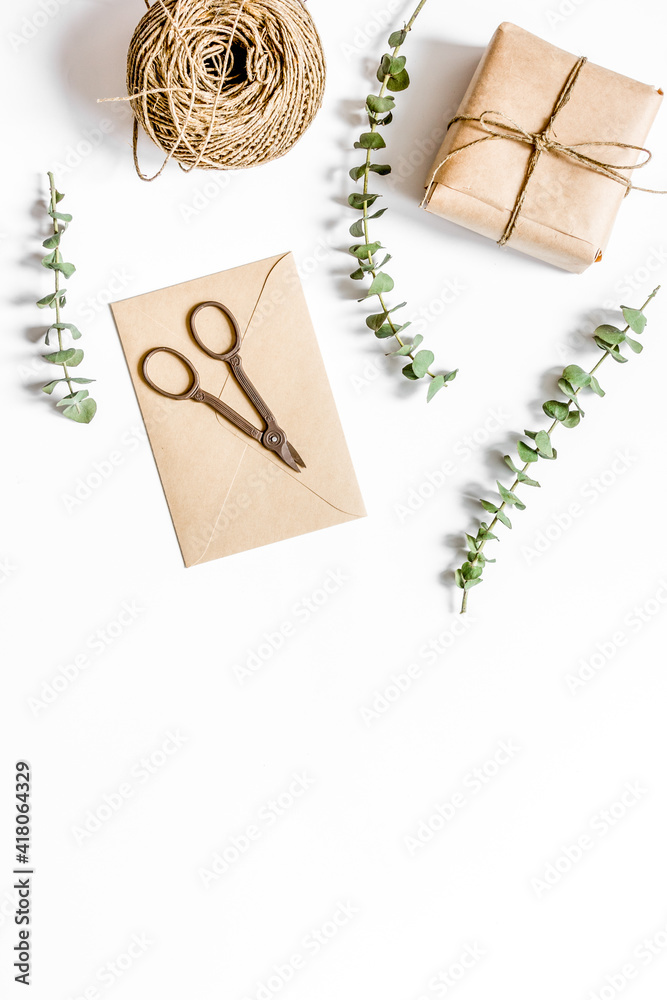 wrapping gifts concept for holiday on white background top view mock up