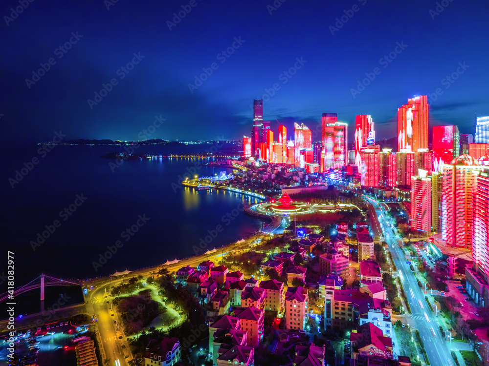 航拍中国青岛城市建筑景观夜景