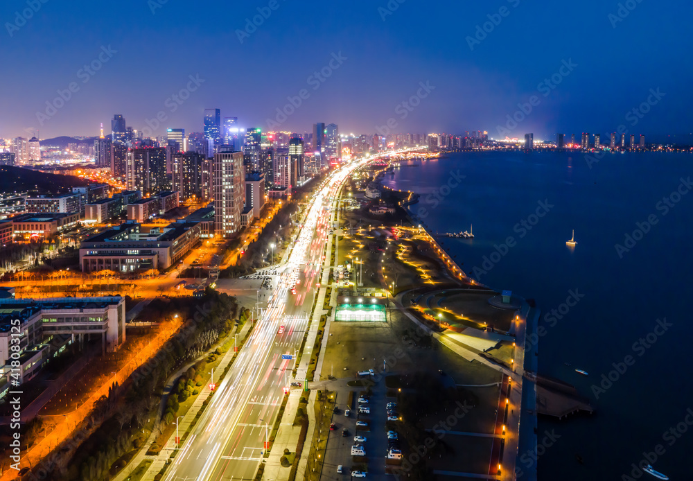 航拍中国青岛城市建筑景观夜景