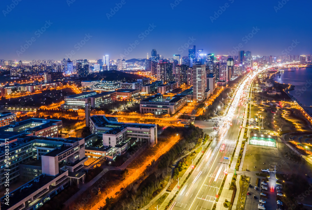 航拍中国青岛城市建筑景观夜景