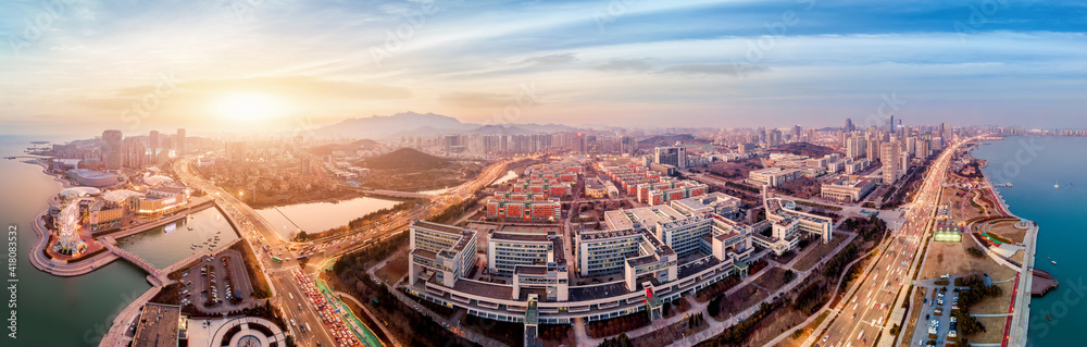 航拍中国青岛城市建筑景观夜景