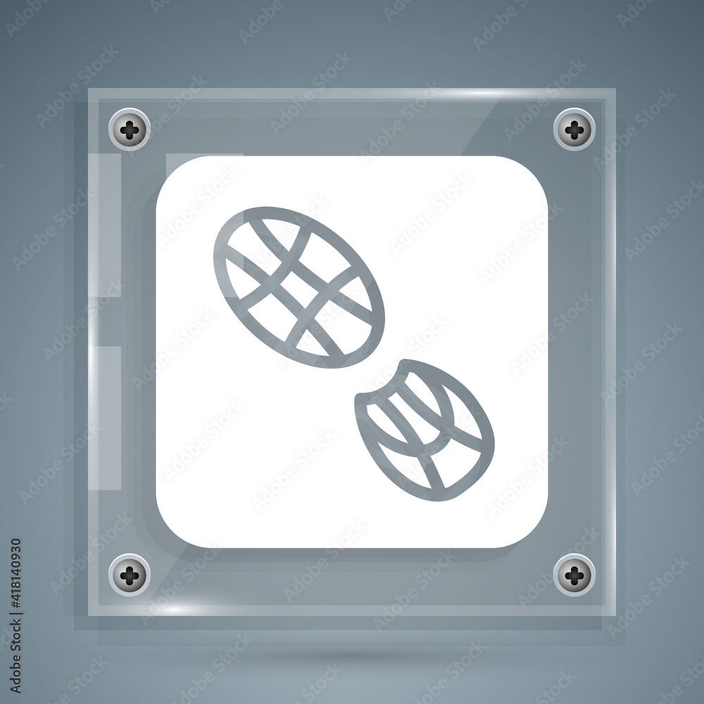 White Human footprints shoes icon isolated on grey background. Shoes sole. Square glass panels. Vect