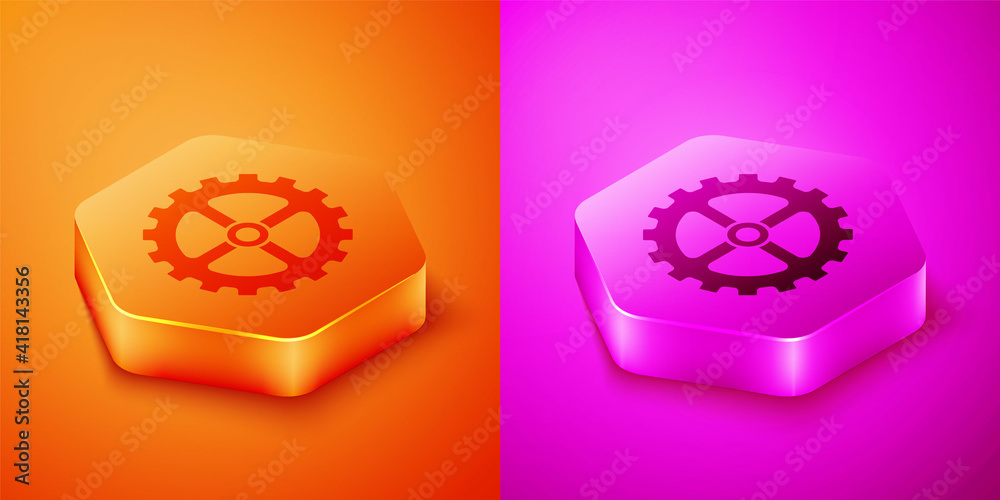 Isometric Bicycle sprocket crank icon isolated on orange and pink background. Hexagon button. Vector