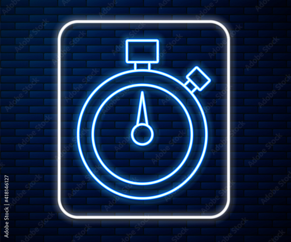 Glowing neon line Stopwatch icon isolated on brick wall background. Time timer sign. Chronometer sig