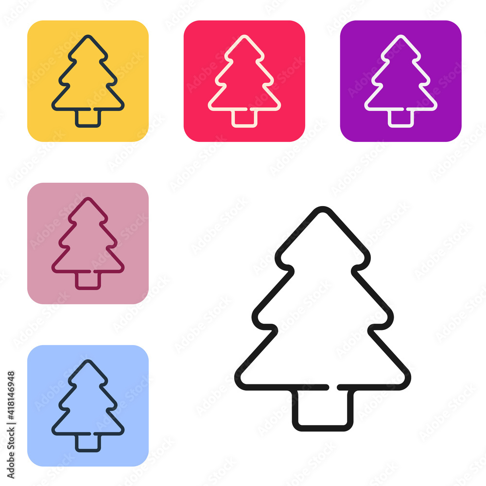 Black line Tree icon isolated on white background. Forest symbol. Set icons in color square buttons.