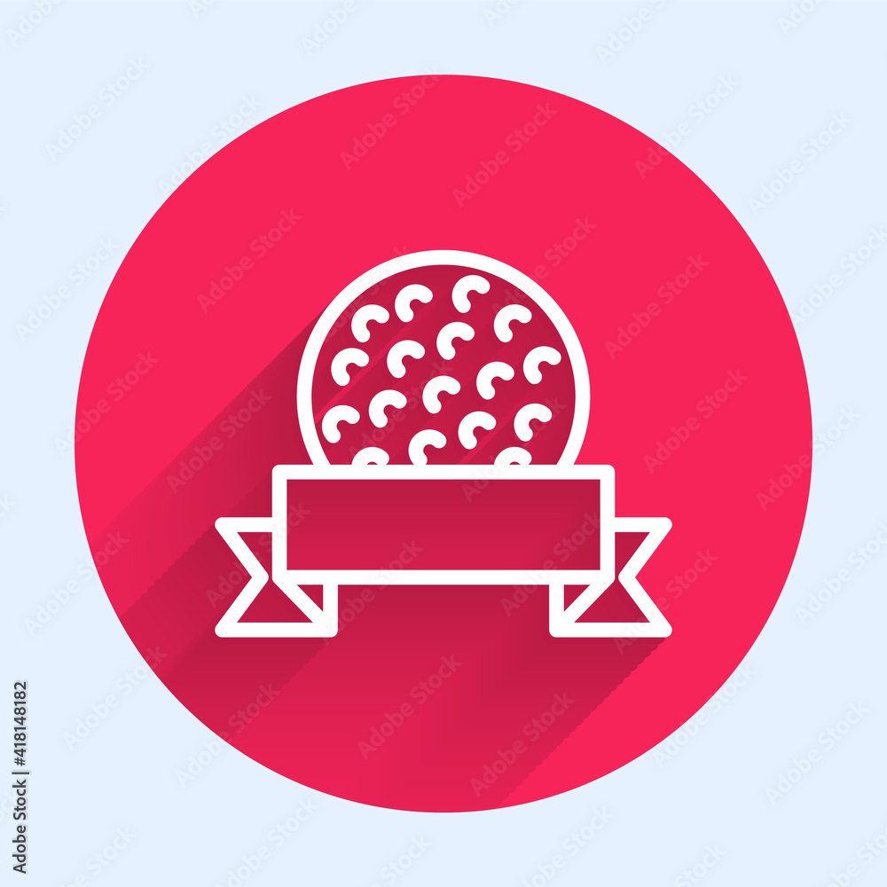 White line Golf ball icon isolated with long shadow. Red circle button. Vector.