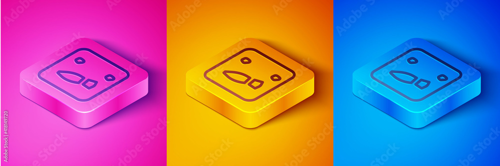 Isometric line Human footprints shoes icon isolated on pink and orange, blue background. Shoes sole.