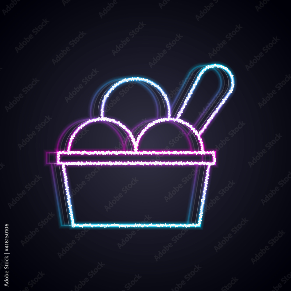 Glowing neon line Ice cream in the bowl icon isolated on black background. Sweet symbol. Vector.