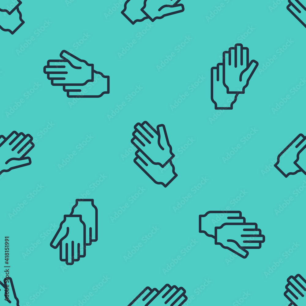 Black line Rubber gloves icon isolated seamless pattern on green background. Latex hand protection s