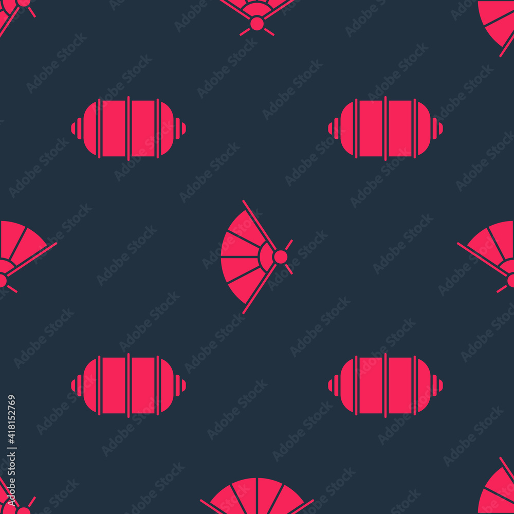 Set Chinese paper lantern and Paper chinese folding fan on seamless pattern. Vector.