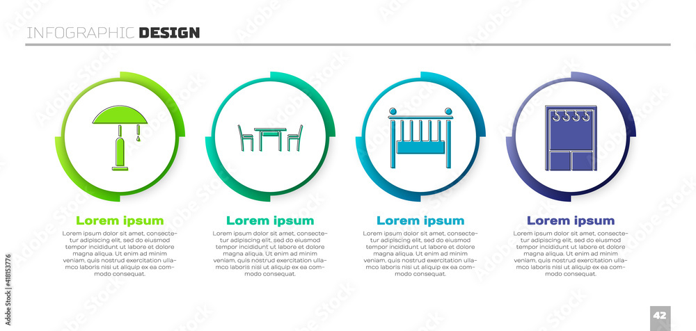 Set Table lamp, Wooden table with chair, Baby crib cradle bed and Wardrobe. Business infographic tem