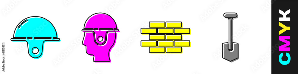 设置工人安全帽、工人安全帽，砖块和铲子图标。矢量。