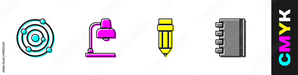 设置太阳系，台灯，带橡皮擦的铅笔和螺旋笔记本图标。矢量。