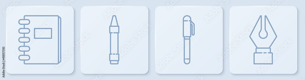 Set line Spiral notebook, Pen, Wax crayons for drawing and Fountain pen nib. White square button. Ve