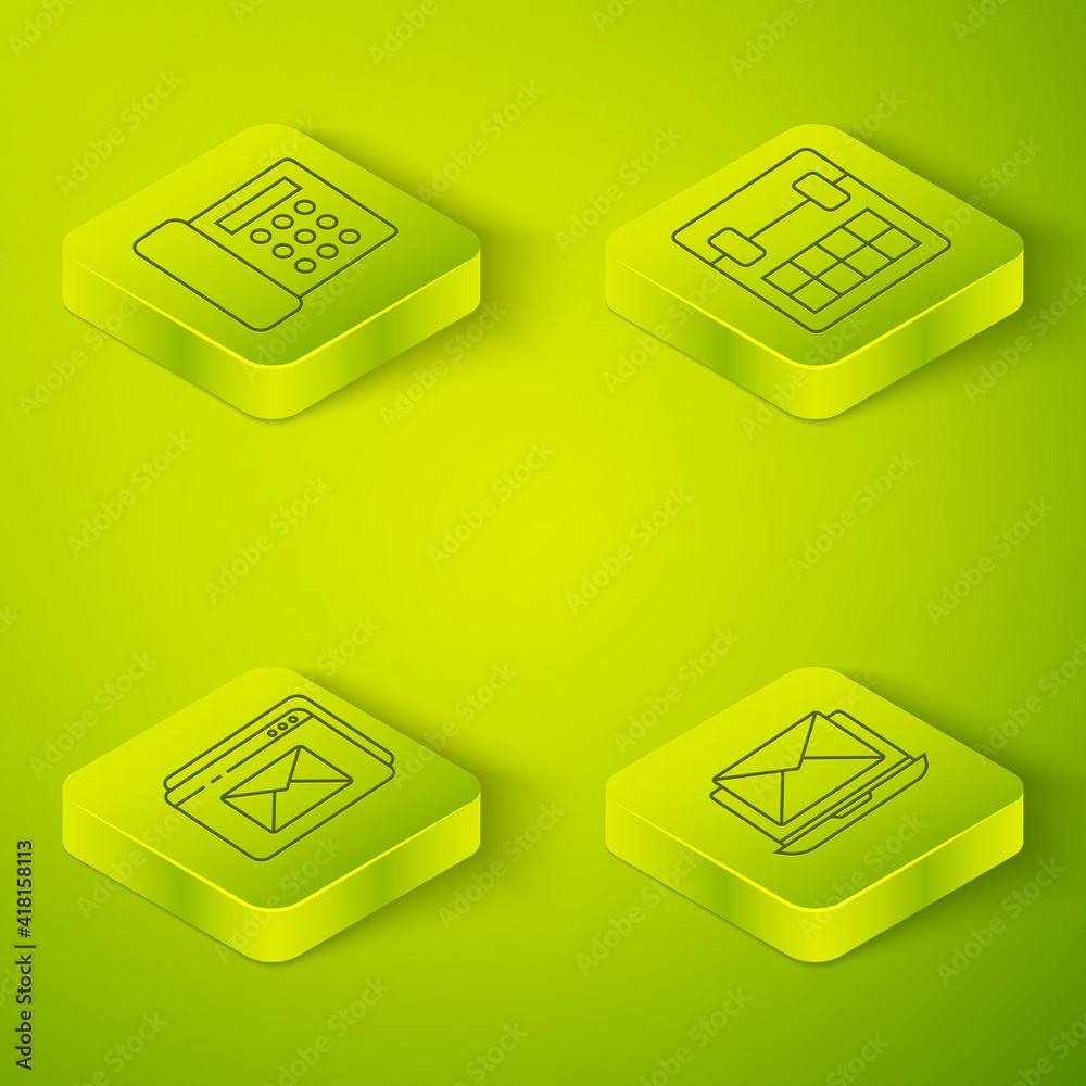 Set Isometric Calendar, Website and envelope, Laptop with envelope and Telephone icon. Vector.