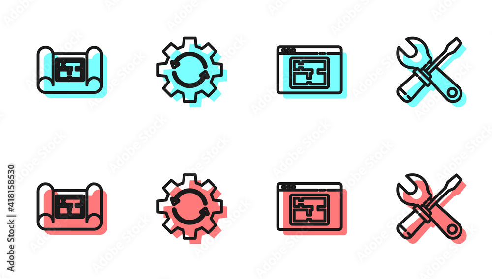 设置线房屋平面图、齿轮和箭头作为工作流程以及螺丝刀扳手图标。矢量。