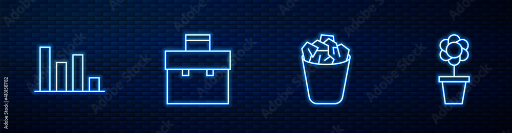 设置线满垃圾桶，饼图信息图，公文包和花盆。砖上闪闪发光的霓虹灯图标