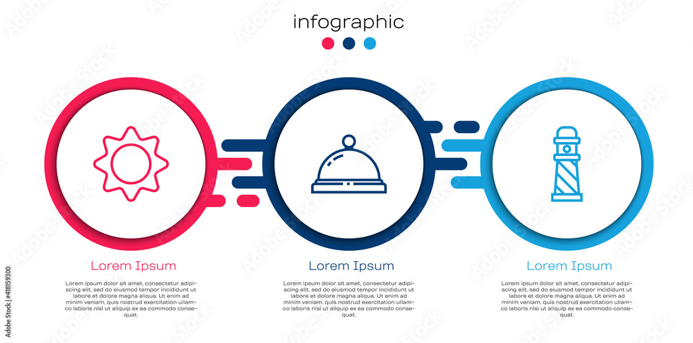 设置线路太阳、酒店服务钟和灯塔。商业信息图模板。矢量。