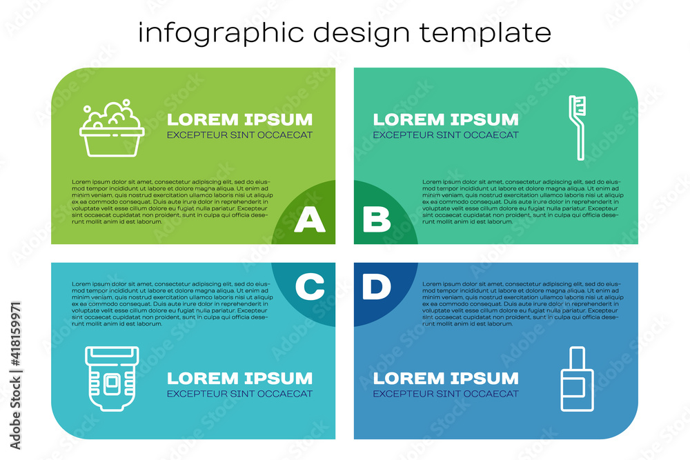 设置线脱毛器、肥皂水盆、清洁剂瓶和牙刷。商业信息图