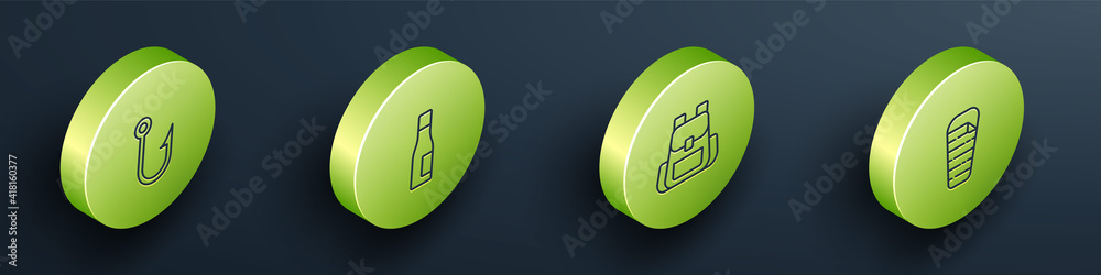 Set Isometric line Fishing hook, Bottle of water, Hiking backpack and Sleeping bag icon. Vector.