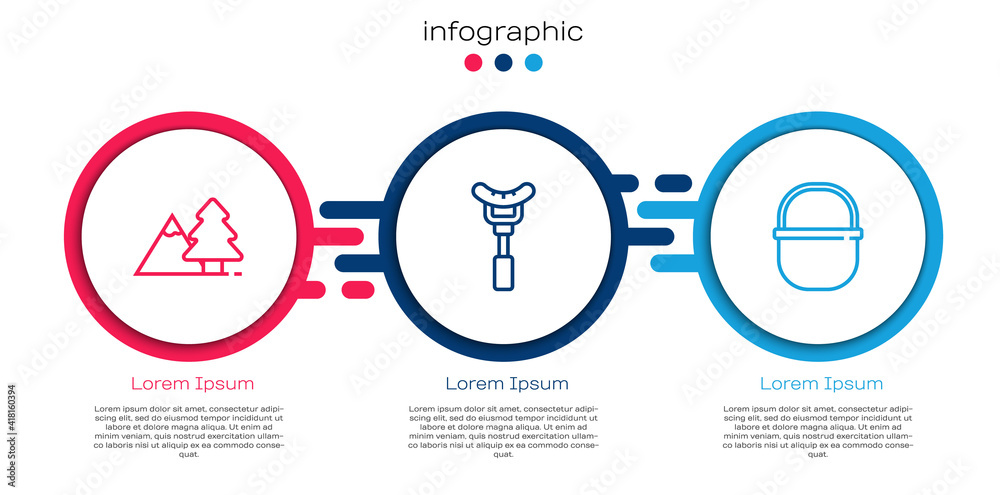将山脉与树、叉子上的香肠和露营罐连接起来。商业信息图模板。Ve
