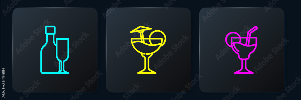 Set line Wine bottle with glass, Cocktail and . Black square button. Vector.