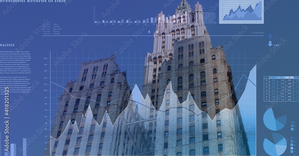 Financial data processing over skyscrapers on blue background