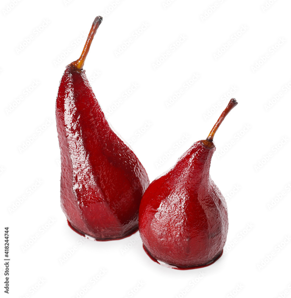 Sweet poached pears in red wine on white background