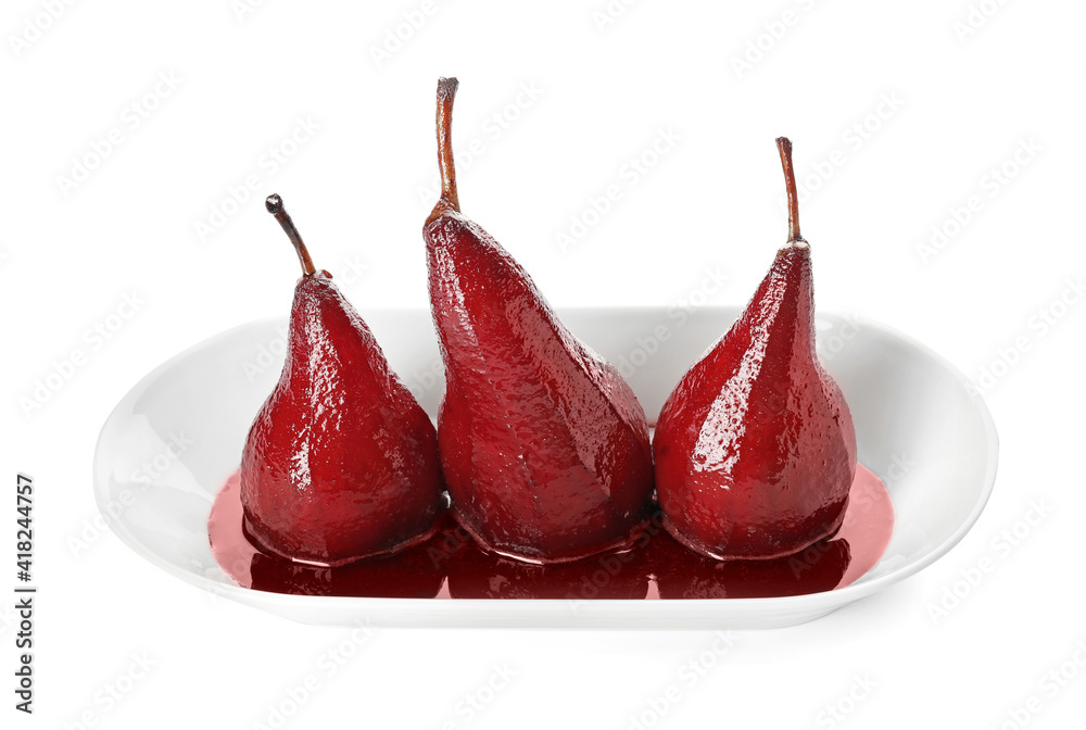 Plate with sweet poached pears in red wine on white background