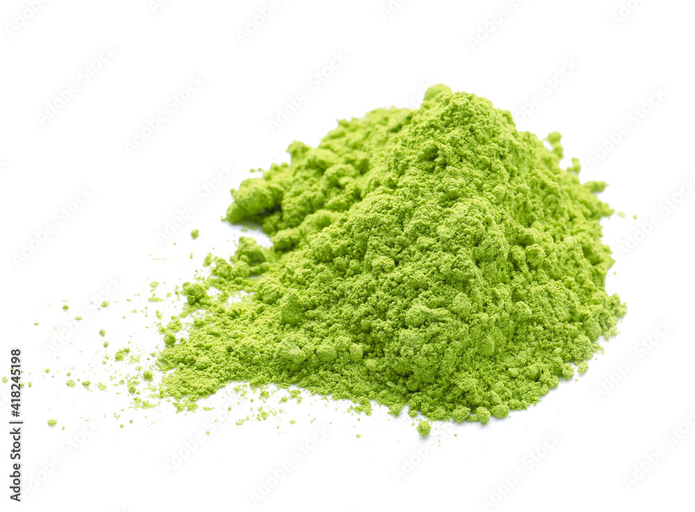 Heap of powdered matcha tea on white background