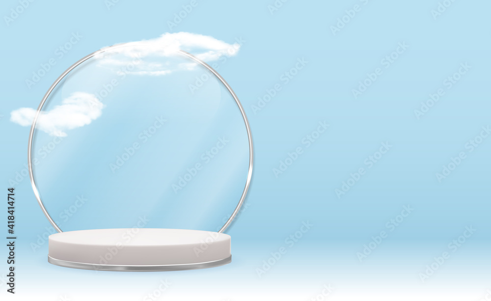 White 3d pedestal background with Silver Glass Ring Frame, realistic clouds. Trendy empty podium dis