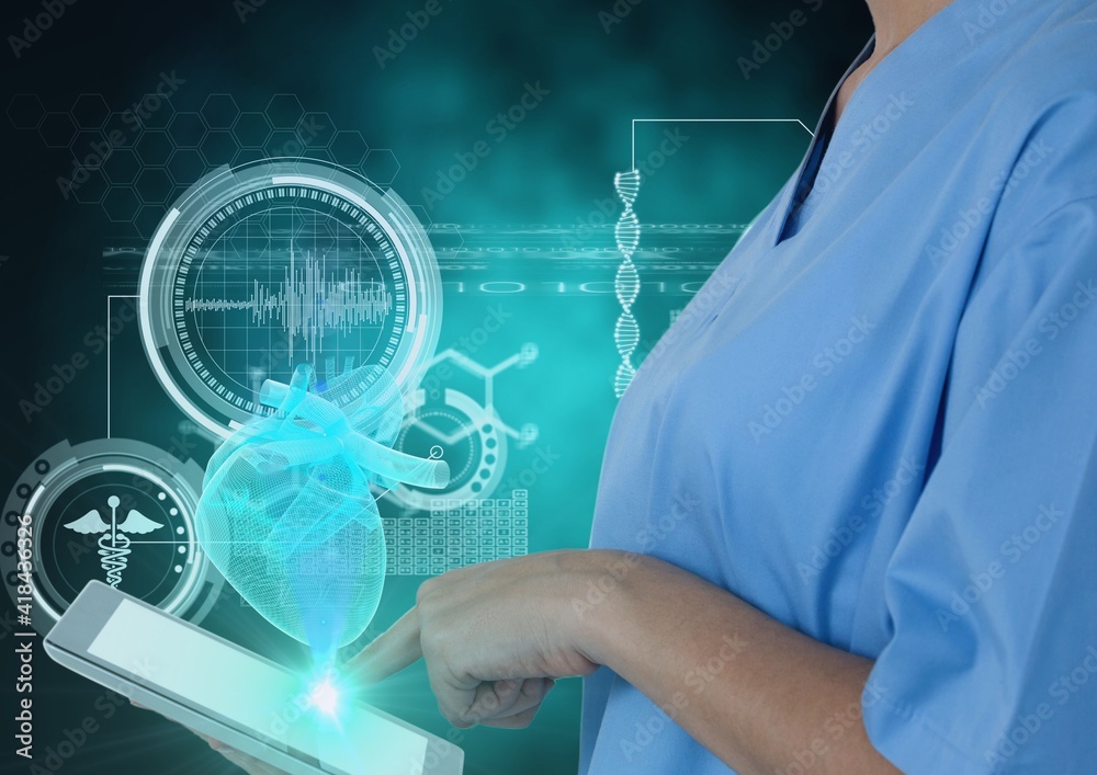 Female doctor touching screen showing human heart with scientific data processing in background