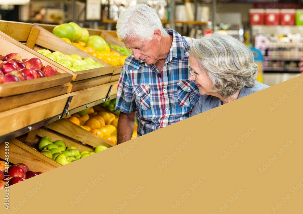 Illustration with photo of senior couple food shopping with beige triangle in bottom right corner