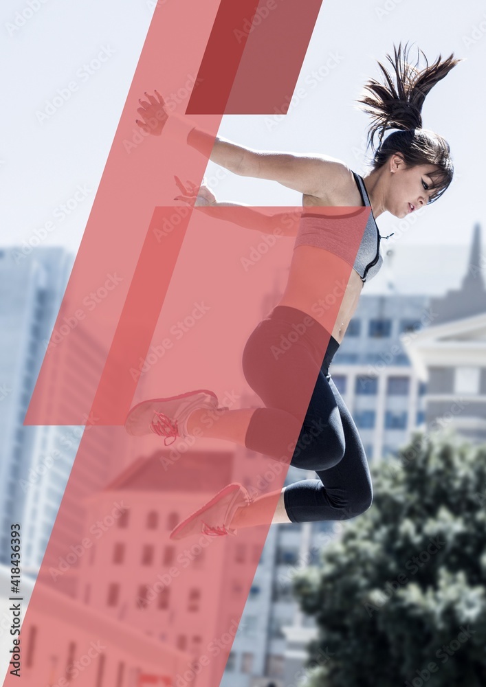 Translucent pink blocks of colour with copy space over caucasian woman exercising and jumping