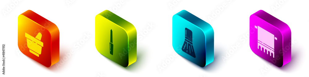 Set Isometric Mortar and pestle, Nail file, Makeup brush and Towel on a hanger icon. Vector.