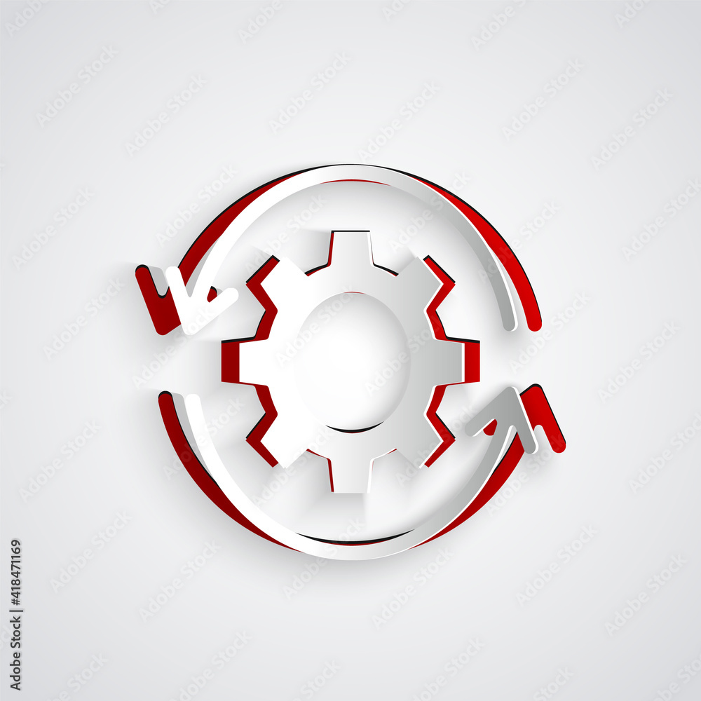 Paper cut Gear and arrows as workflow concept icon isolated on grey background. Gear reload sign. Pa