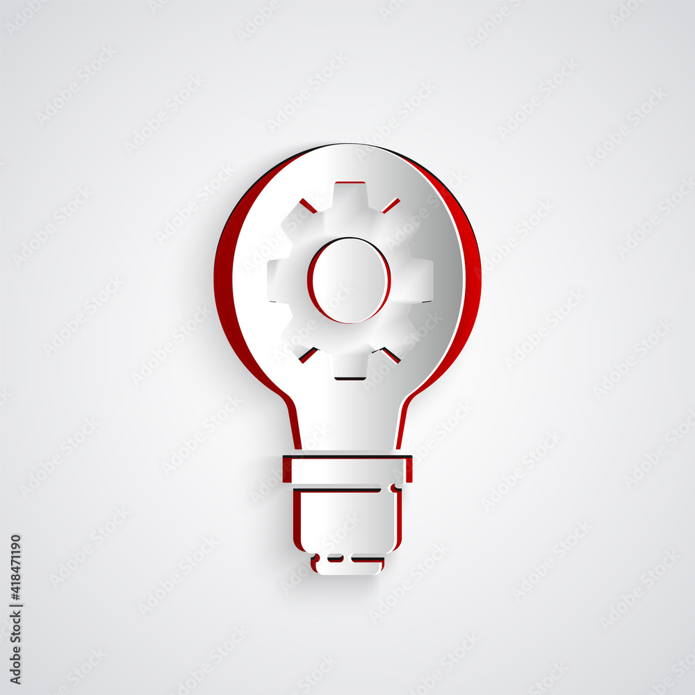 Paper cut Light bulb and gear icon isolated on grey background. Innovation concept. Business idea. P