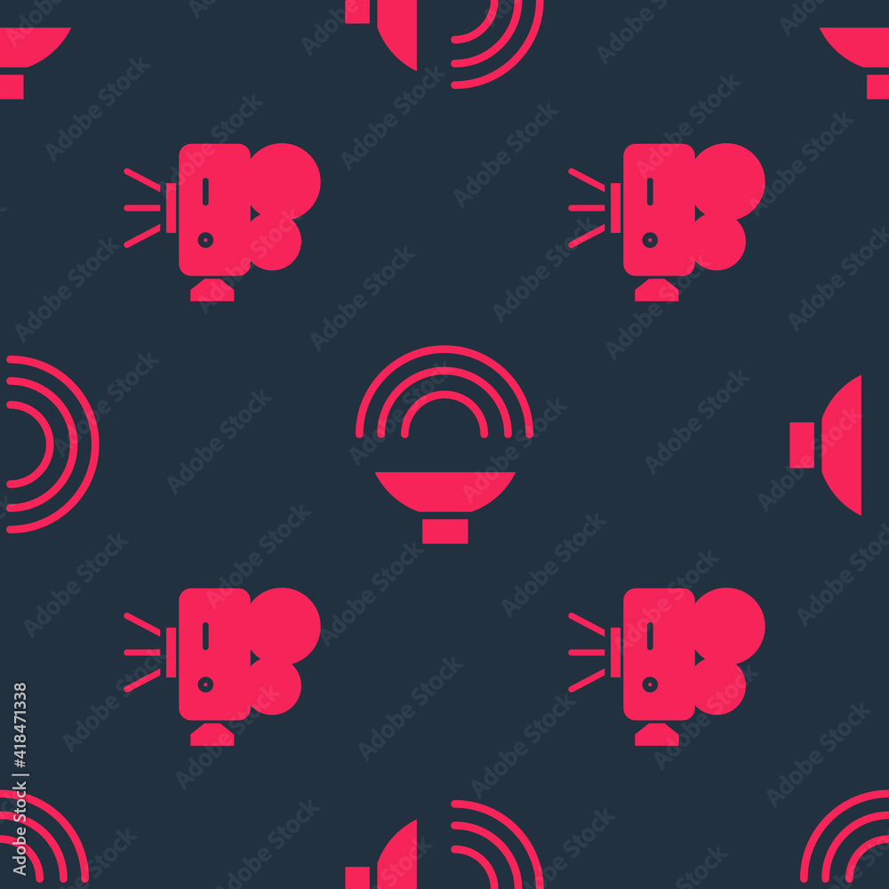 Set Retro cinema camera and Speaker volume on seamless pattern. Vector.